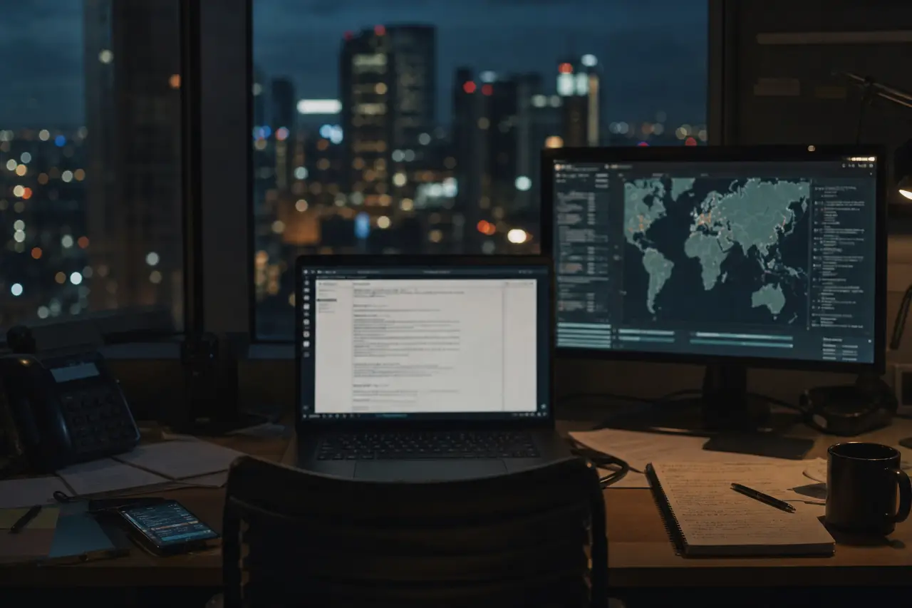 A newsroom desk at night with a laptop, notes, and a city skyline outside the window